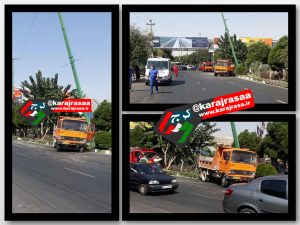 برخورد کمپرسی خاور با تیر روشنایی برق در کرج + عکس