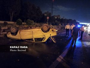 آتش سوزی سمند در اتوبان تهران – کرج منجر به واژگونی دو خودرو شد