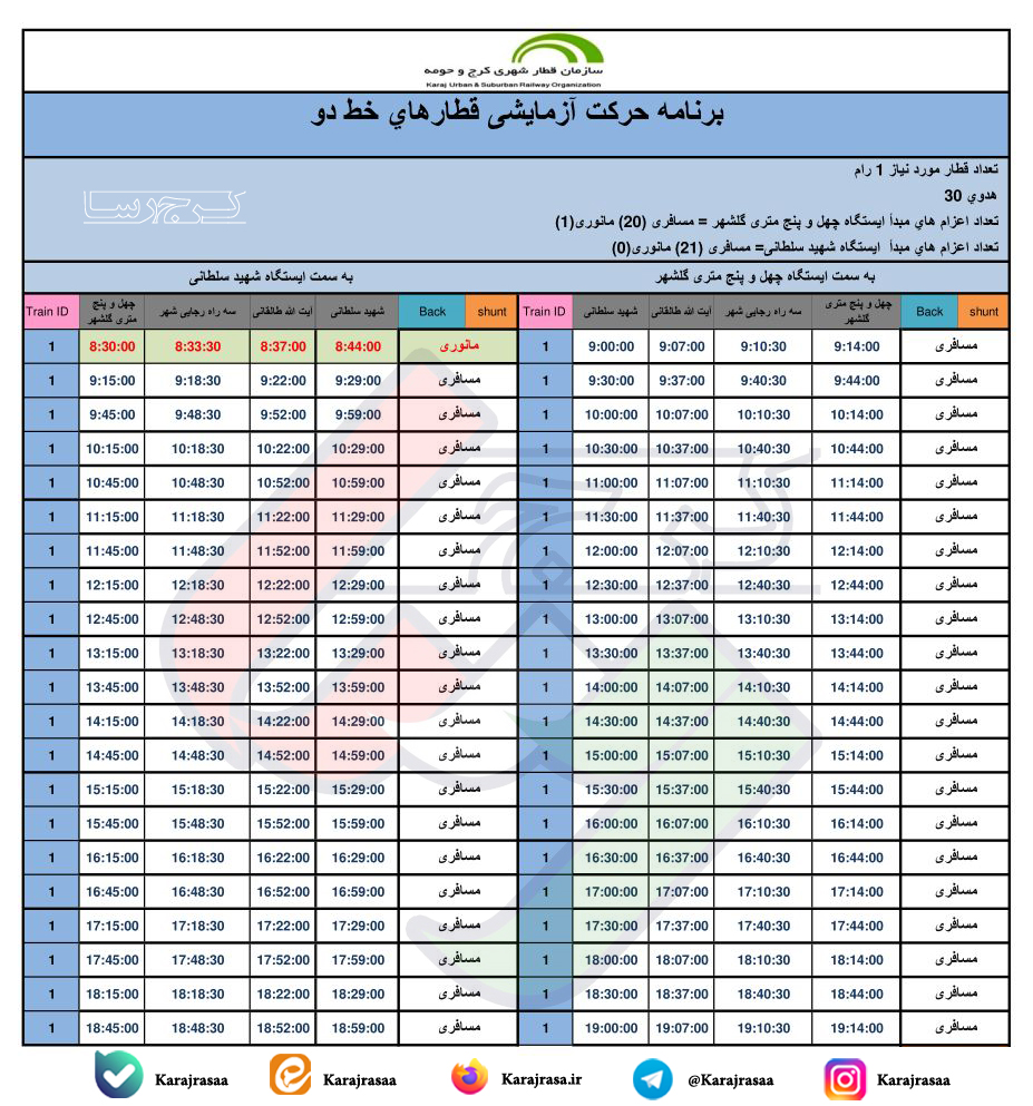 برنامه حرکت متروی خط 2 کرج